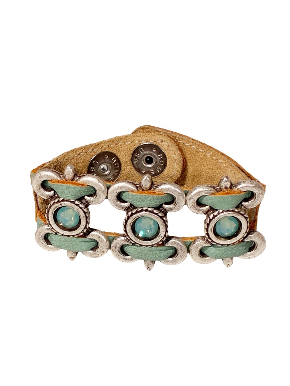 Leatherock Turquoise Stone Leather Bracelet Silvertone Snap